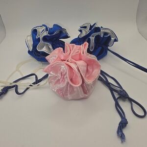 Set of 3 Vintage Drawstring Jewelry Pouches Ruffled Floral Blue Pink Travel Bags